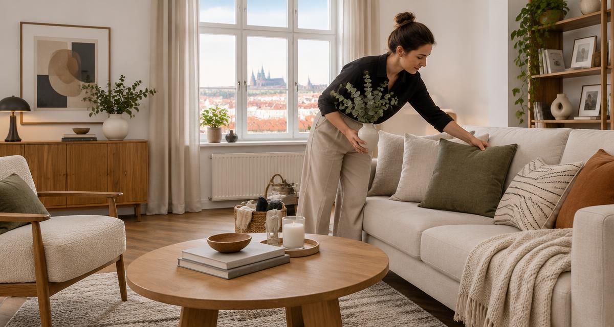 Stylistka aranžuje nábytek a dekorace v obývacím pokoji pro home staging