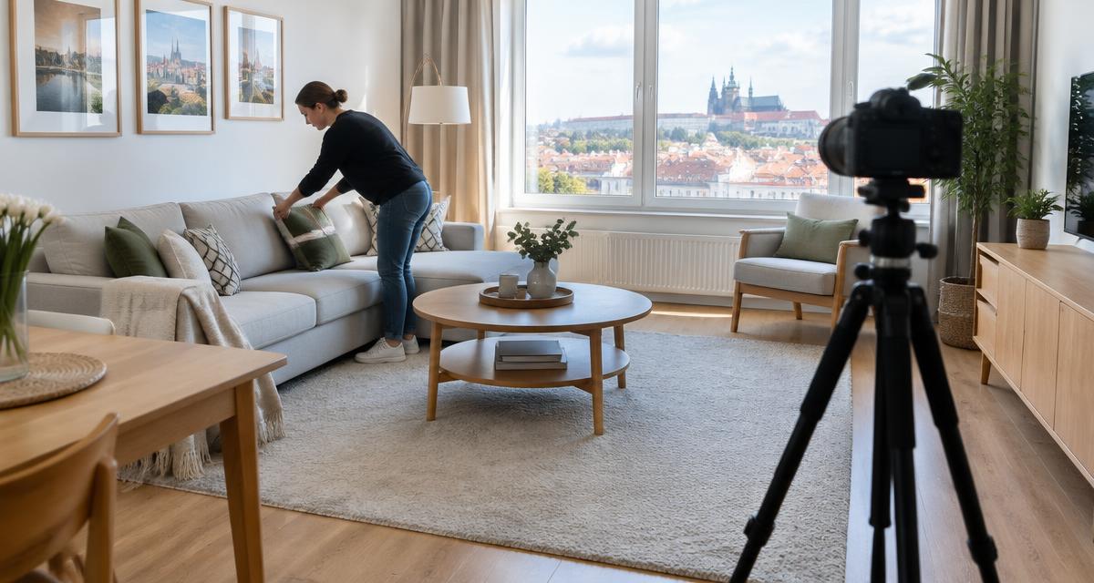 Majitelka upravuje polštáře v bytě před příjezdem fotografa