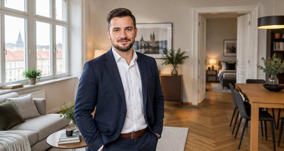 Profesionální portrét realitního makléře ve světlém bytě
