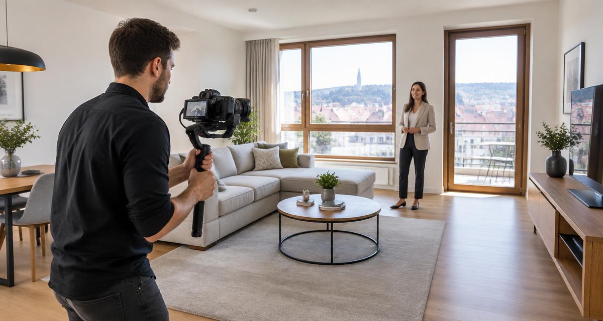 Kameraman natáčí videoprohlídku světlého bytu s makléřkou