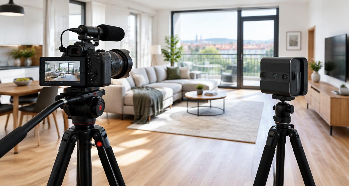 Videokamera a 3D skener Matterport připravené v interiéru bytu